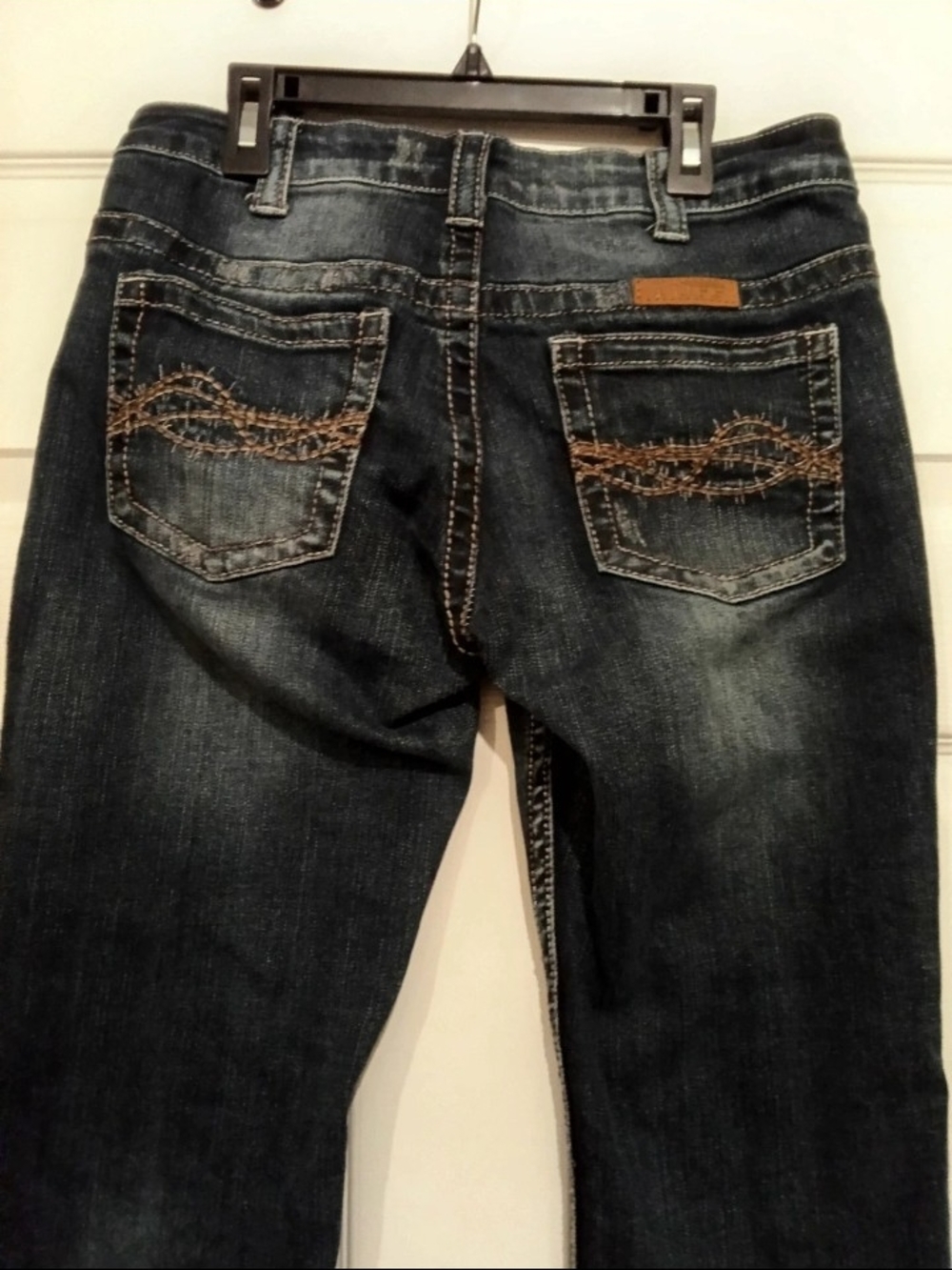 Cowgirl Tuff Dark Blue Straight Leg Jeans with Brown Embroidery